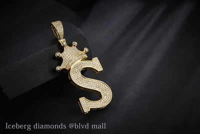 1.132 Ct. Diamond 10 Kt Gold (Yellow). Initial Letter (Alphabet) S with Crown Pendant. (Unisex).