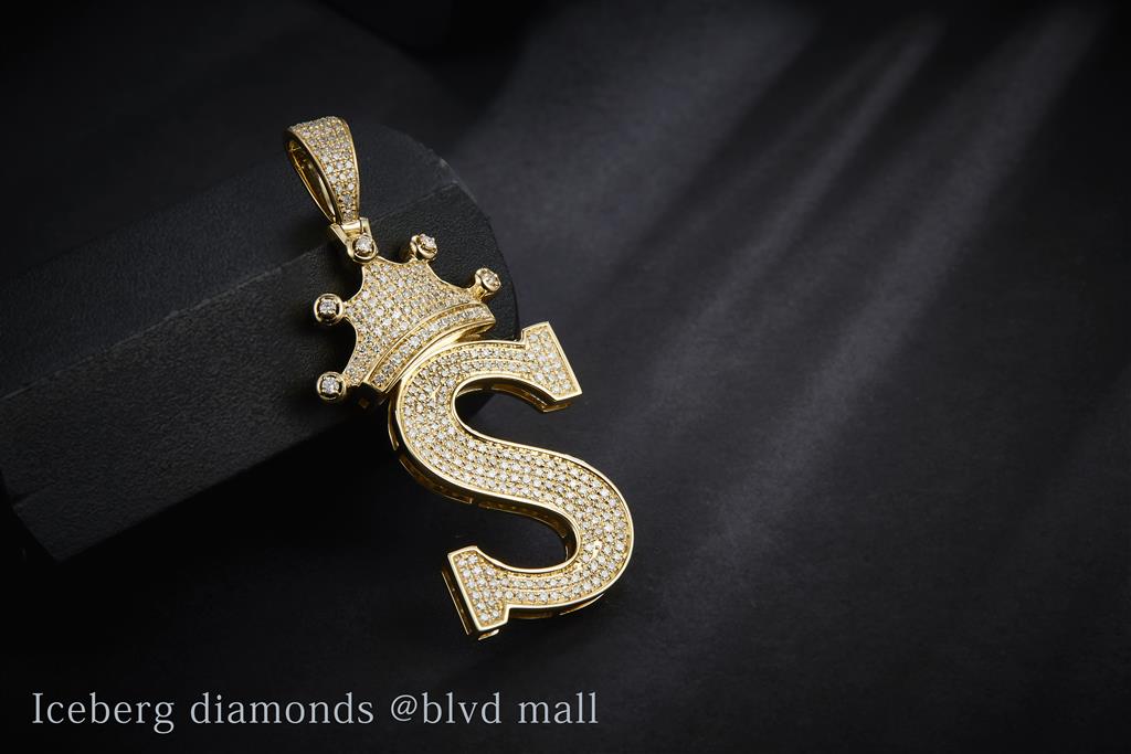 0.52 Ct. Diamond 10 Kt Gold (Yellow). Initial Letter (Alphabet) S with Crown Pendant. (Unisex).