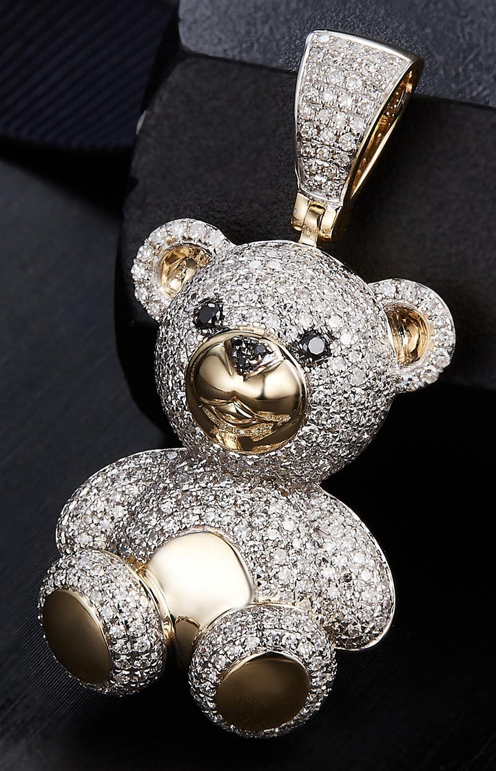 1.62 Ct. Diamond 10 Kt Gold (Yellow). Teddy Bear with Black Diamond Eyes & Nose Pendant. (Unisex).