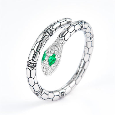 0.23 Ct. Moissanite Sterling Silver (White). Snake with Simulant Emerald Ring. (Unisex). Size 7.5