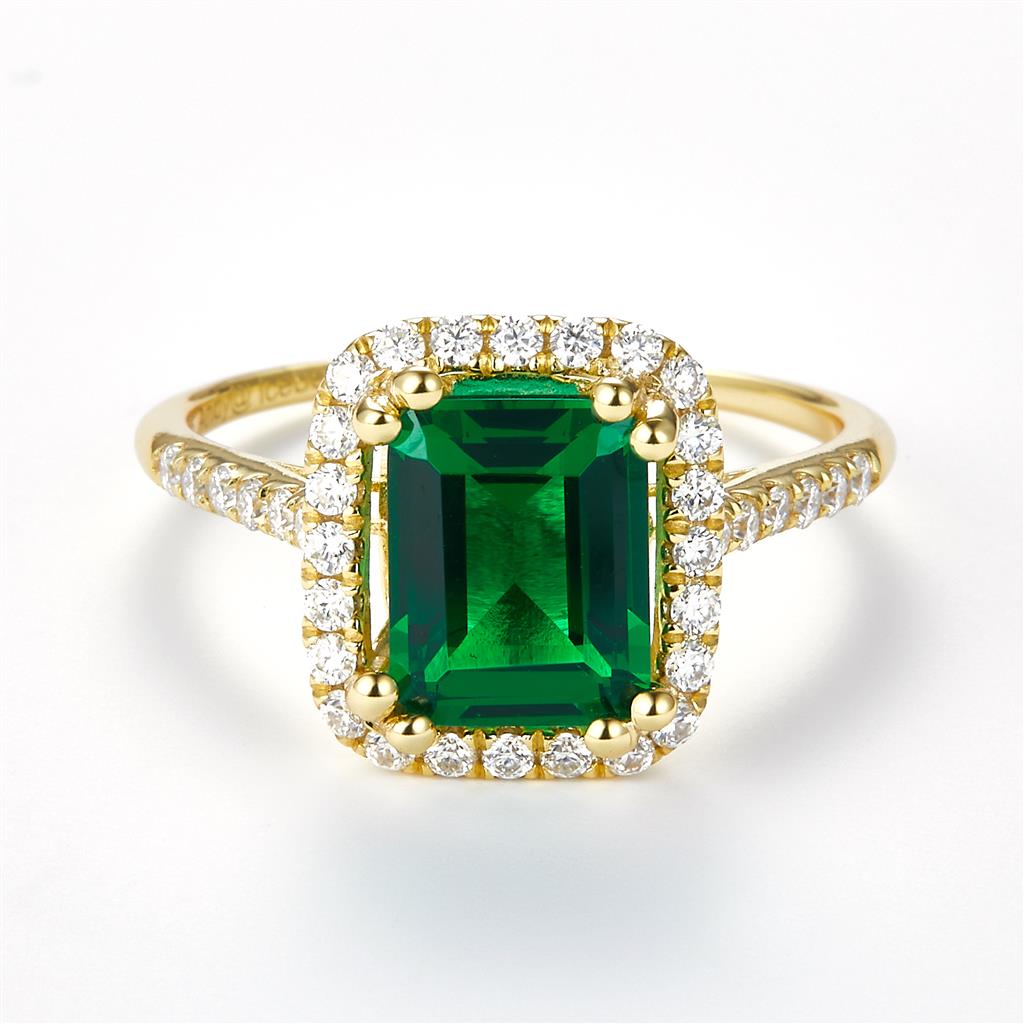 2.532 Ct. Moissanite Sterling Silver (Yellow). Simulant Emerald Yellow Gold Plated Ring. (Women). Size 8