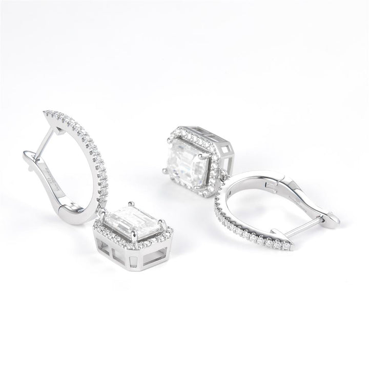 3.67 Ct. Moissanite Sterling Silver (White). Dangle with Emerald Cut approx 1/2 Ct Center Stone Each with Hinged Snap Fastening Earrings. (Women).