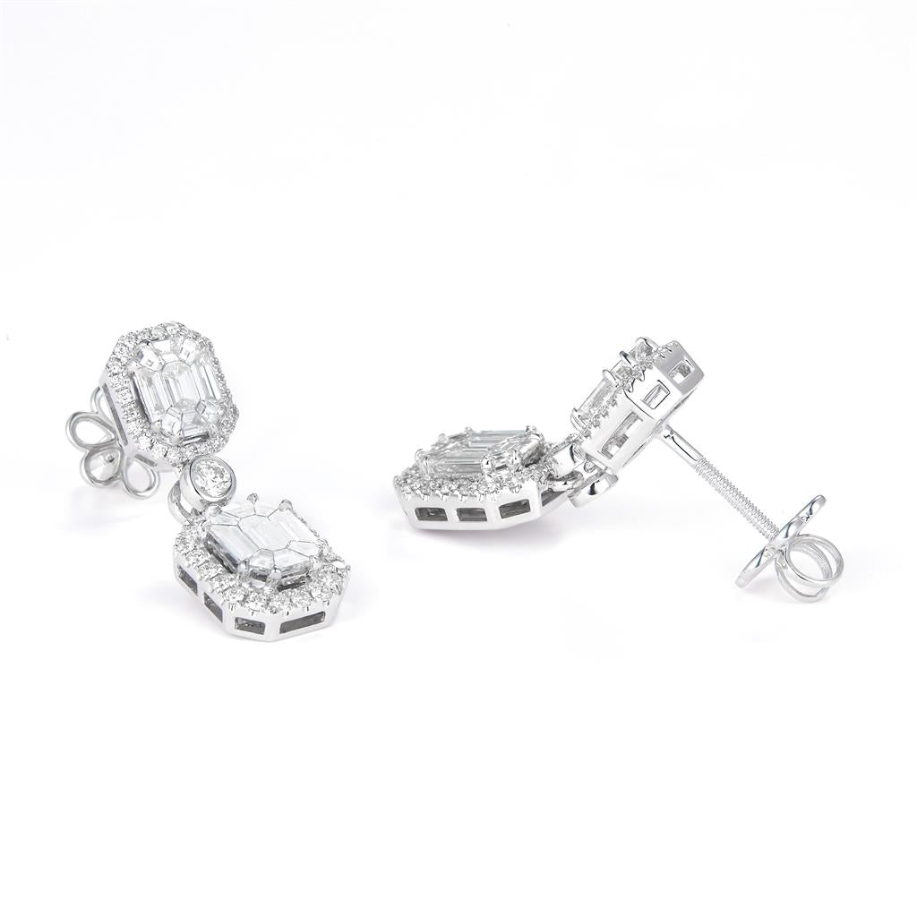 3 Ct. Diamond 18 Kt Gold (White). Emerald & Pie Cut Royalty/Princess Style Dangling Earrings. (Women).