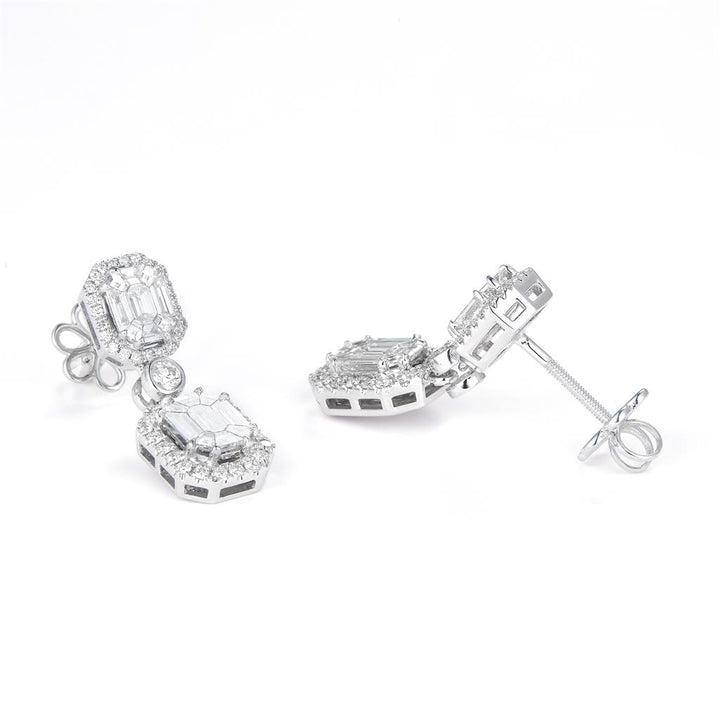 3 Ct. Diamond 18 Kt Gold (White). Emerald & Pie Cut Royalty/Princess Style Dangling Earrings. (Women).
