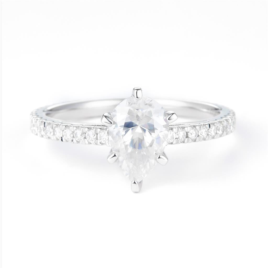 1.708 Ct. Moissanite Sterling Silver (White). Solitaire with Pear Cut Center Stone Ring. (Women). Size 7.5