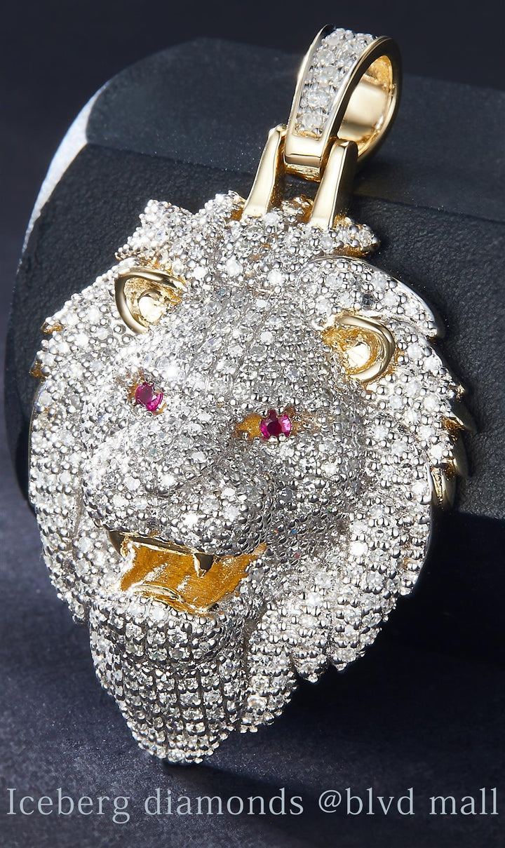 1.63 Ct. Diamond 14 Kt Gold (Yellow). Lion Head with Ruby Eyes Pendant. (Men).