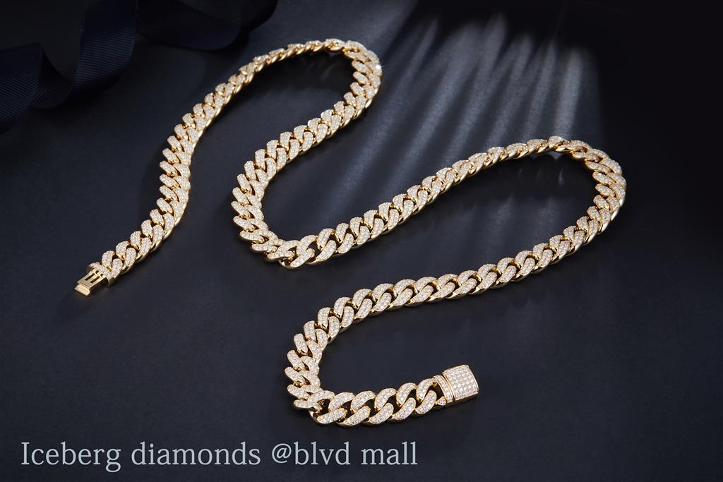 14.662 Ct. Diamond 10 Kt Gold (Yellow). Cuban Link Chain. (Men). 22 in Long. 10 mm Wide