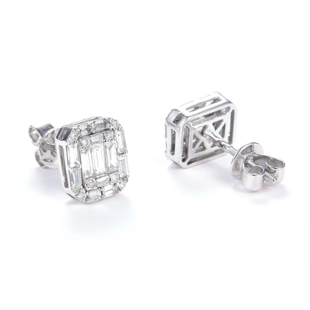 0.865 Ct. Diamond 14 Kt Gold (White). Studs with Baguettes Earrings. (Unisex).