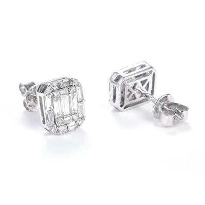 0.865 Ct. Diamond 14 Kt Gold (White). Studs with Baguettes Earrings. (Unisex).