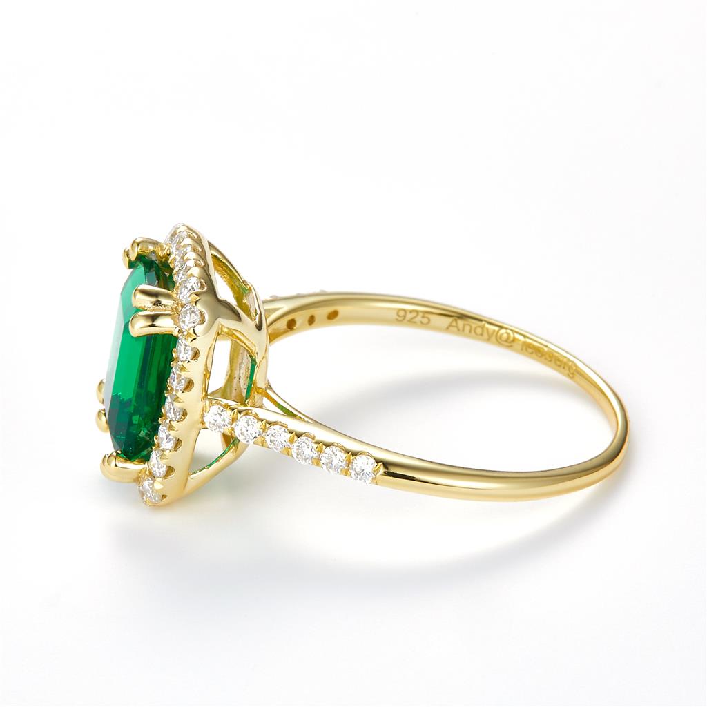 2.532 Ct. Moissanite Sterling Silver (Yellow). Simulant Emerald Yellow Gold Plated Ring. (Women). Size 8