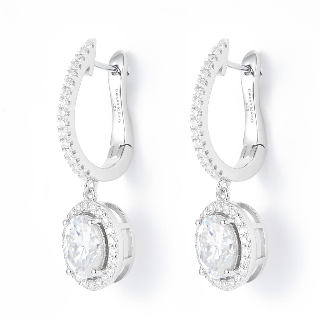 3.15 Ct. Moissanite Sterling Silver (White). Dangle with Oval Cut approx 1/2 Ct Center Stone Each. Hinged Snap Fastening Earrings. (Women).