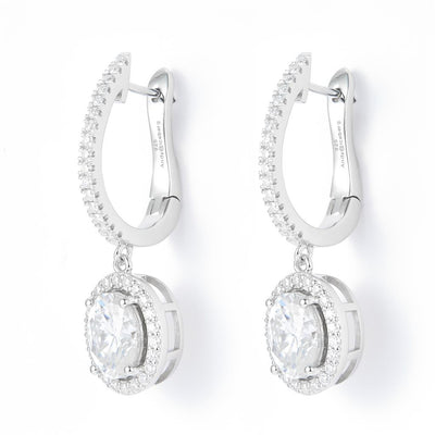 3.15 Ct. Moissanite Sterling Silver (White). Dangle with Oval Cut approx 1/2 Ct Center Stone Each. Hinged Snap Fastening Earrings. (Women).