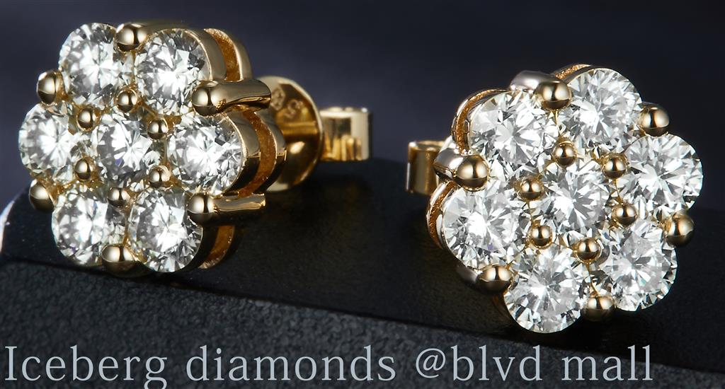 2.58 Ct. Diamond 14 Kt Gold (Yellow). Flower Style Studs Earrings. (Unisex).