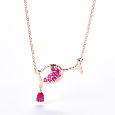0.85 Ct. Moissanite Sterling Silver (Rosé). Champagne Glass Simulant Ruby & Sterling Silver Rose Gold Plated Necklace with Chain. Adjustable Length 15.5 to 17.5 in Pendant. (Women).