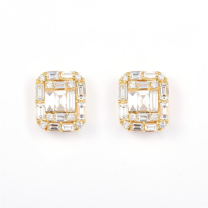 0.864 Ct. Diamond 14 Kt Gold (Yellow). Studs with Baguettes Earrings. (Unisex).