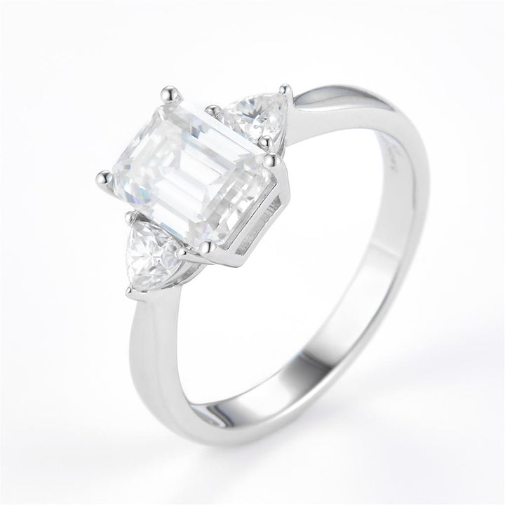 1.94 Ct. Moissanite Sterling Silver (White). 3-Stone Style with Emerald Cut Center & Triangle Side Stones Ring. (Women). Size 7.5