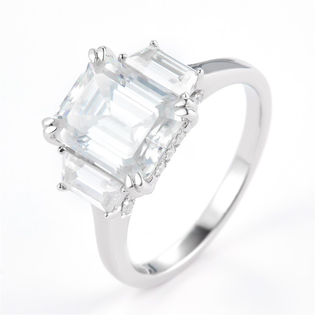 4.18 Ct. Moissanite Sterling Silver (White). Solitaire with Emerald Cut Center Stone Ring. (Women). Size 7.5