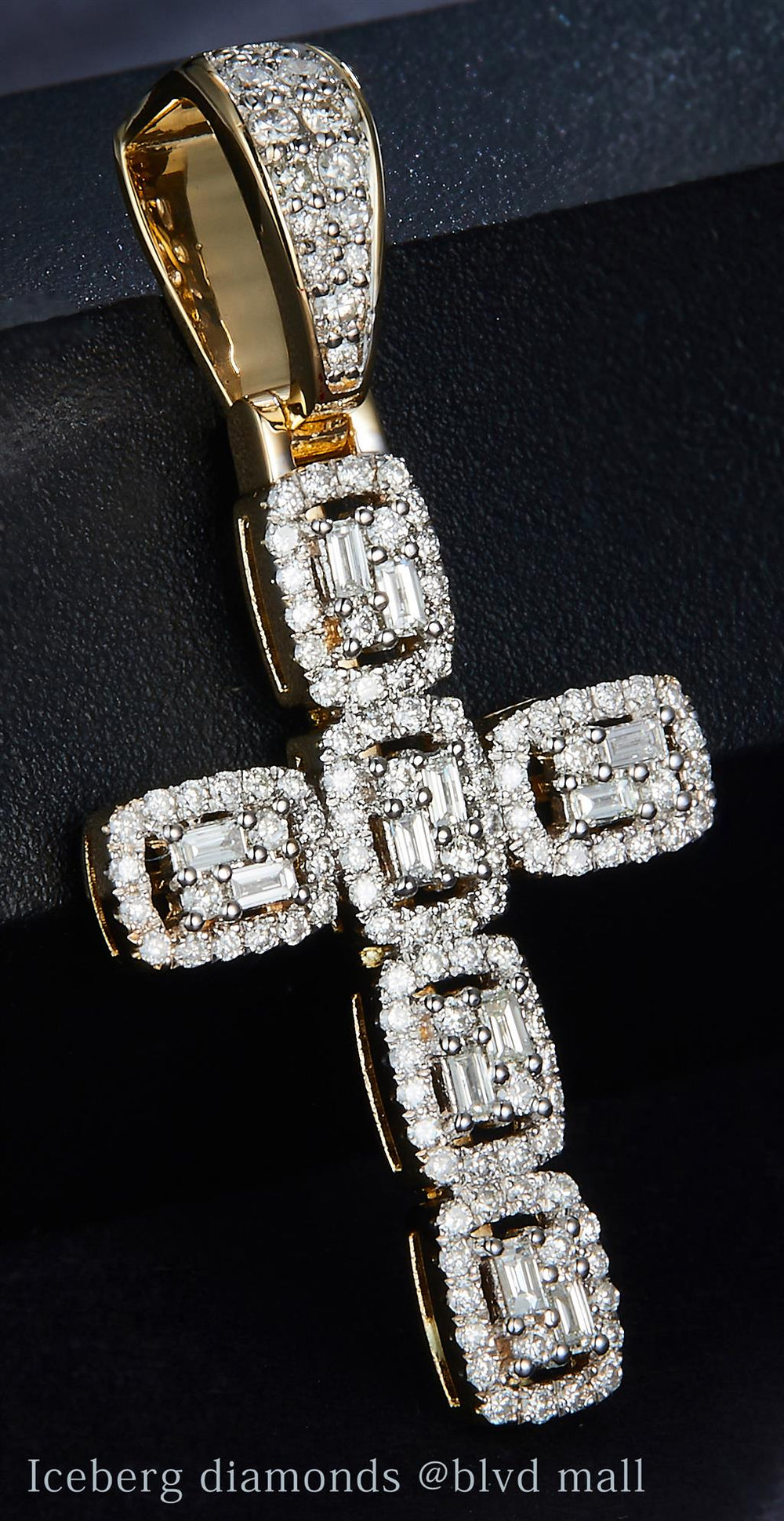 Yellow gold diamond cross with baguettes pendant