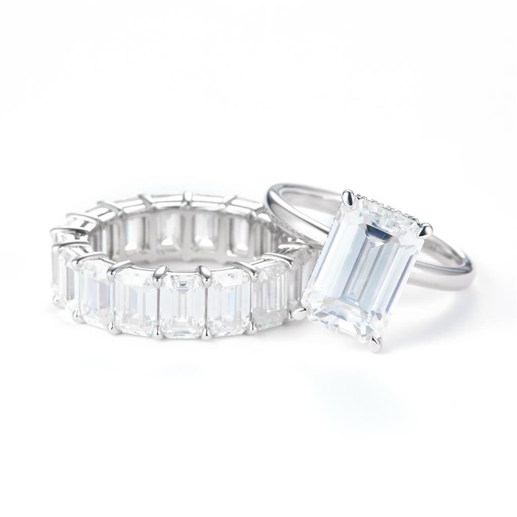 14.345 Ct. Moissanite Sterling Silver (White). Emeral Cut Stones Wedding Set Ring. (Women). Size 7.5