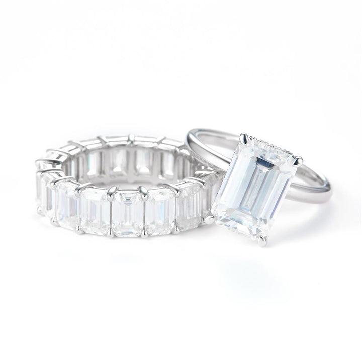 14.345 Ct. Moissanite Sterling Silver (White). Emeral Cut Stones Wedding Set Ring. (Women). Size 7.5