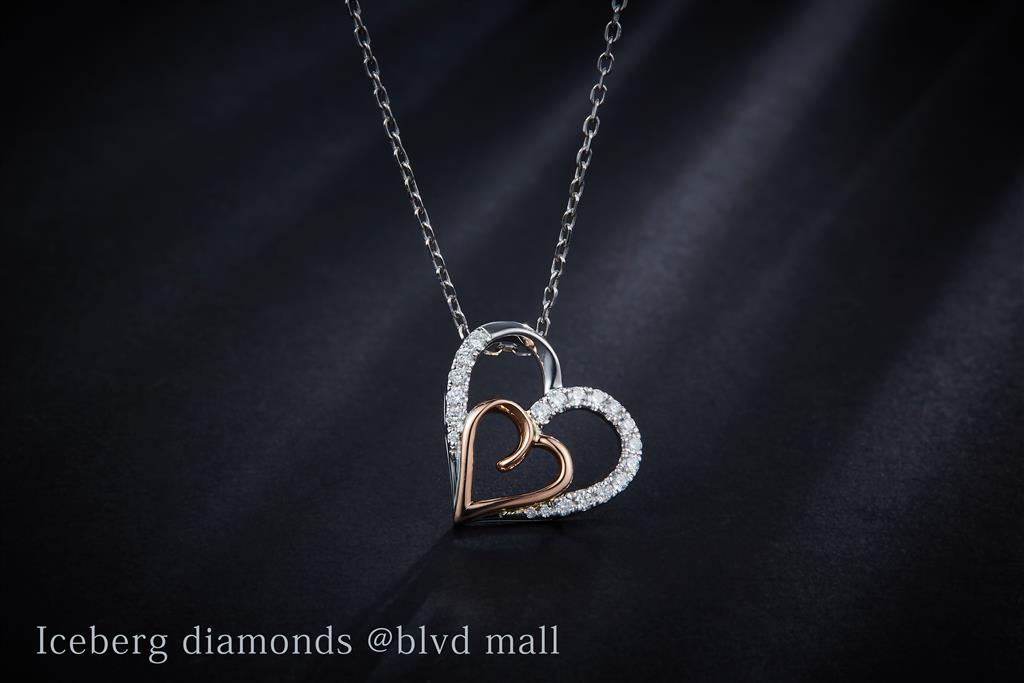 0.156 Ct. Diamond 14 Kt Gold (White & Rose). Double Heart Pendant. (Women).