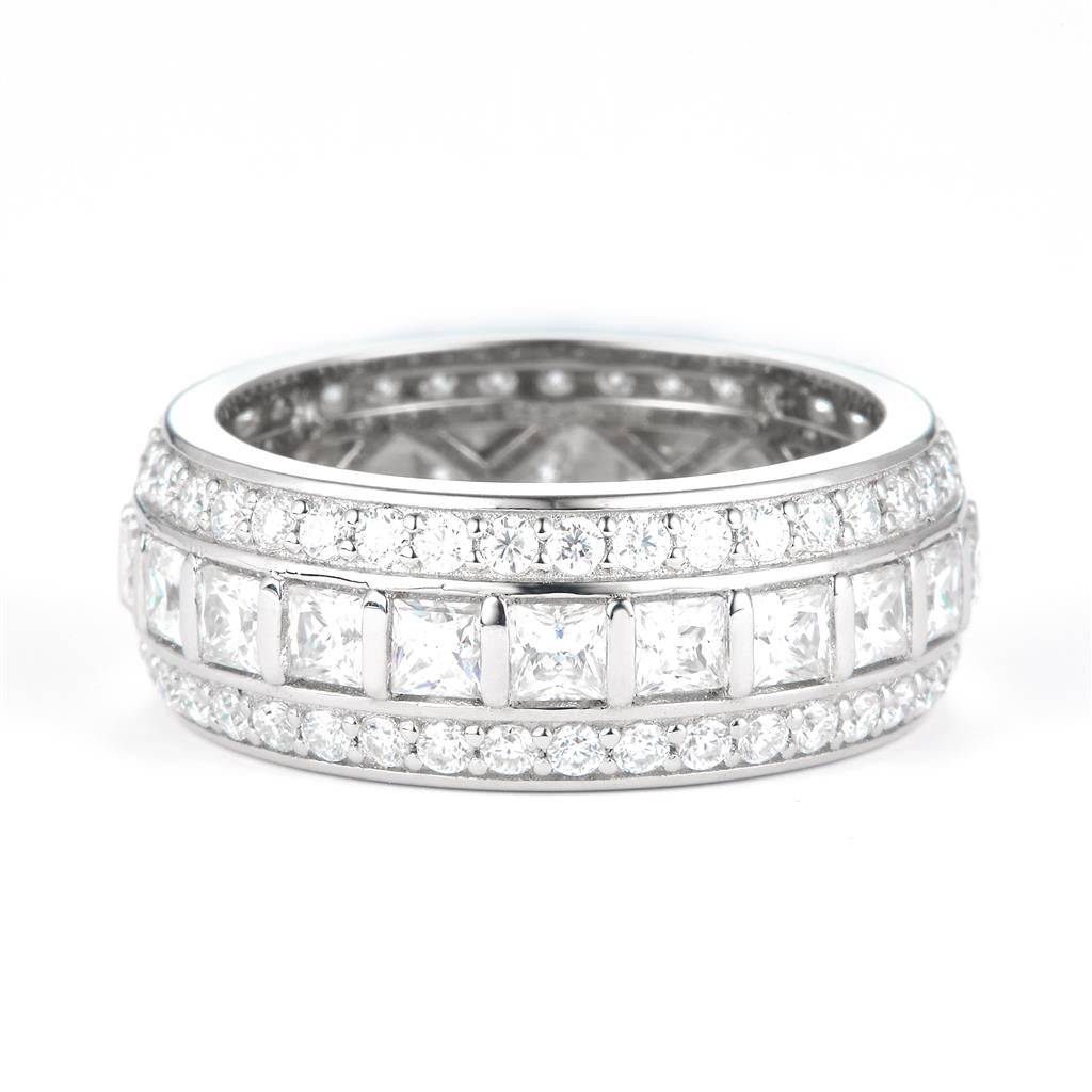 3.116 Ct. Moissanite Sterling Silver (White). Wedding Band with Princess Cut & Round Stones Ring. (Women). Size 7.5
