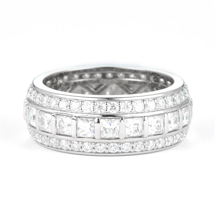 3.116 Ct. Moissanite Sterling Silver (White). Wedding Band with Princess Cut & Round Stones Ring. (Women). Size 7.5