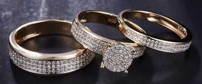 0.884 Ct. Diamond 10 Kt Gold (Yellow). Trio Set (Mens Band Size 10, Women Engag & Band) Wedding Set. Size 7.5