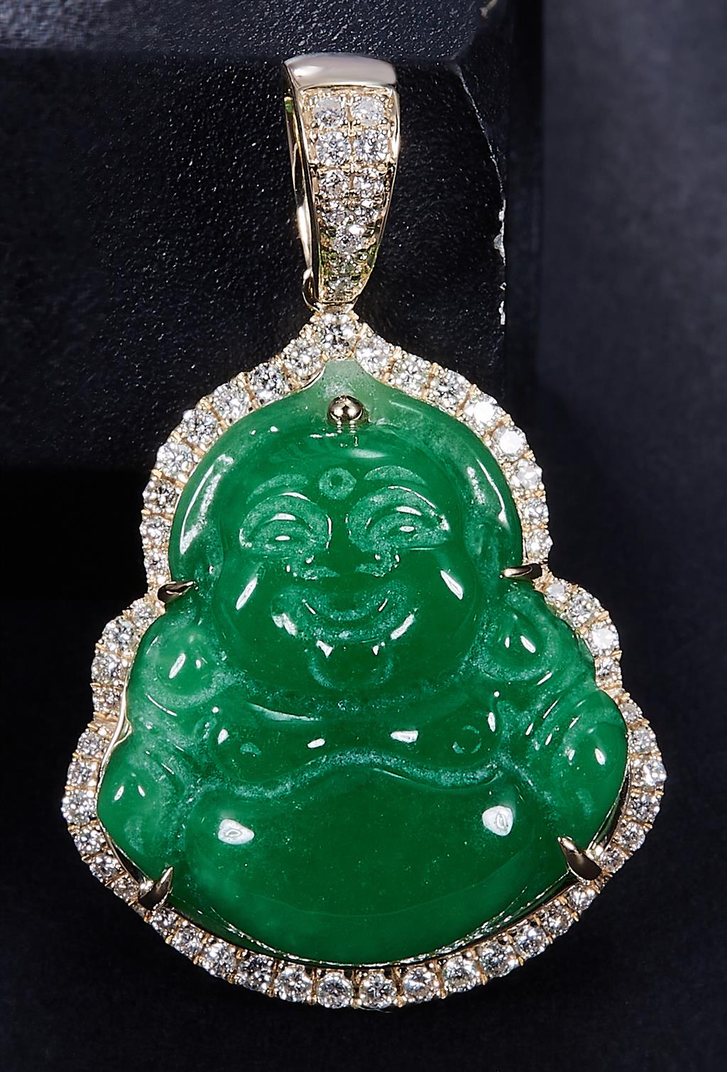 1.239 Ct. Diamond 10 Kt Gold (Yellow). Jade Buddha with 66.5ct of Jade Pendant. (Unisex).