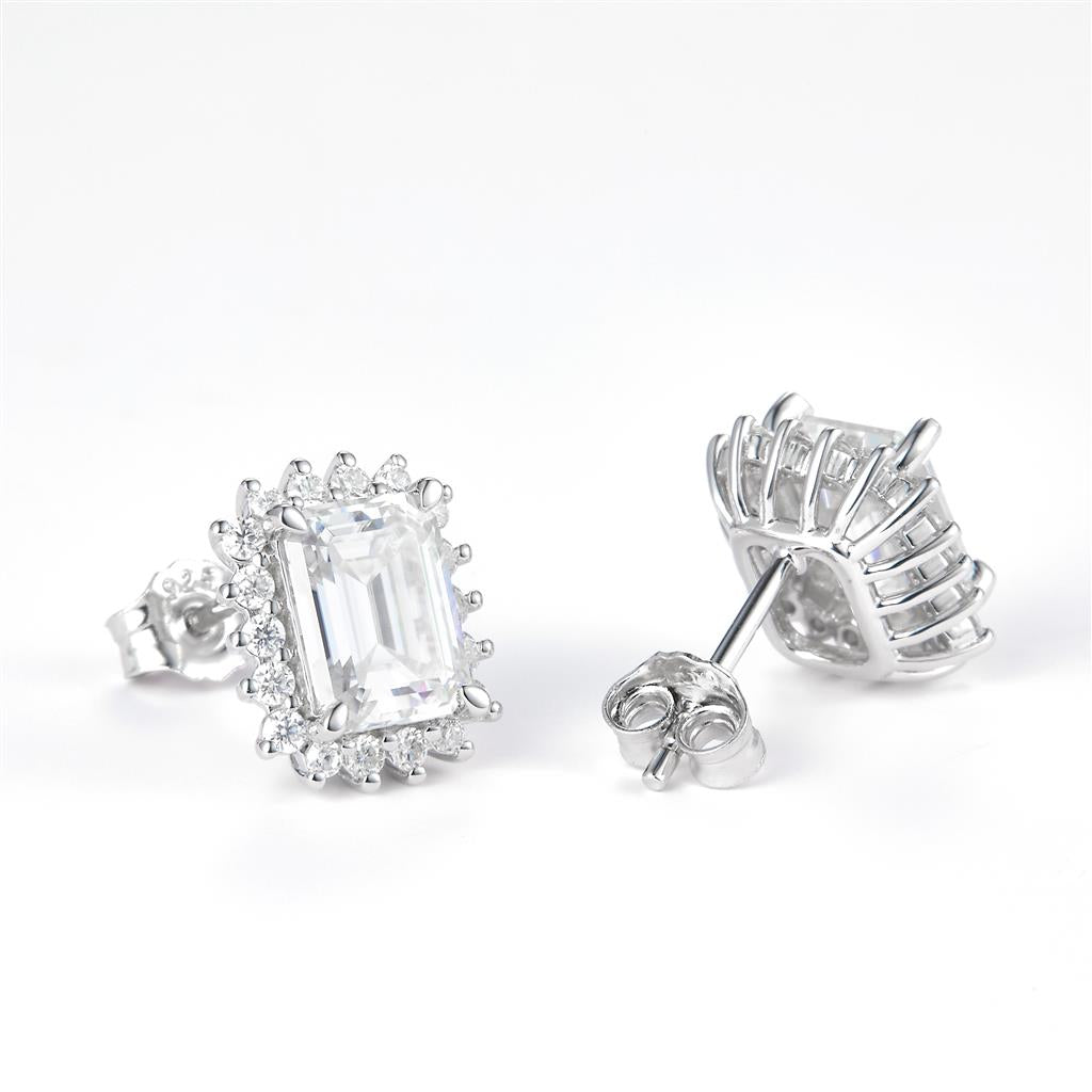 3.68 Ct. Moissanite Sterling Silver (White). Halo Style Solitaire Stud with Emerald Cut Center Stone Earrings. (Women).
