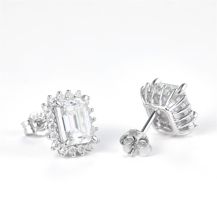 3.68 Ct. Moissanite Sterling Silver (White). Halo Style Solitaire Stud with Emerald Cut Center Stone Earrings. (Women).
