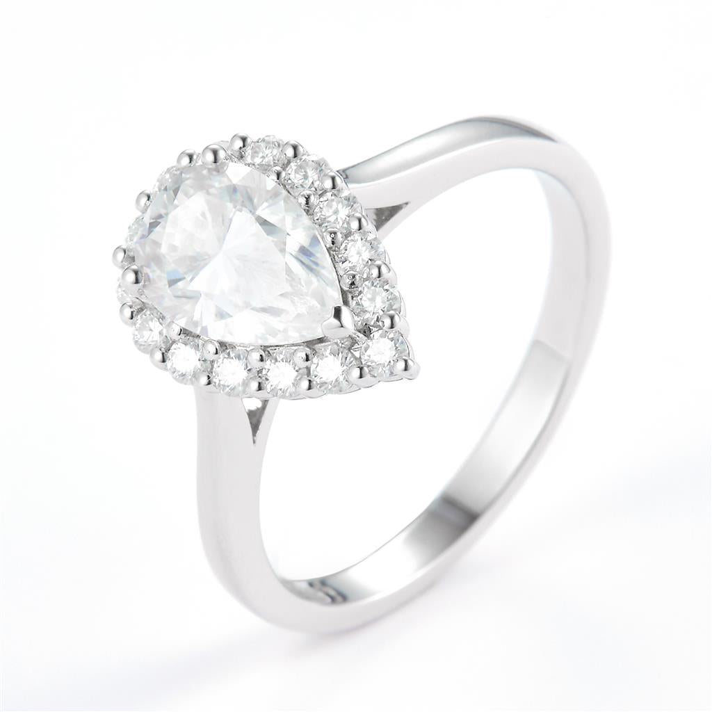 1.7 Ct. Moissanite Sterling Silver (White). Halo Design Solitaire with Pear Cut Center Stone Ring. (Women). Size 7.5