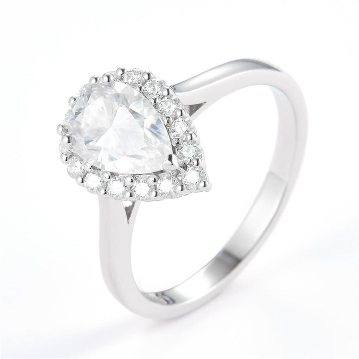 1.7 Ct. Moissanite Sterling Silver (White). Halo Design Solitaire with Pear Cut Center Stone Ring. (Women). Size 7.5