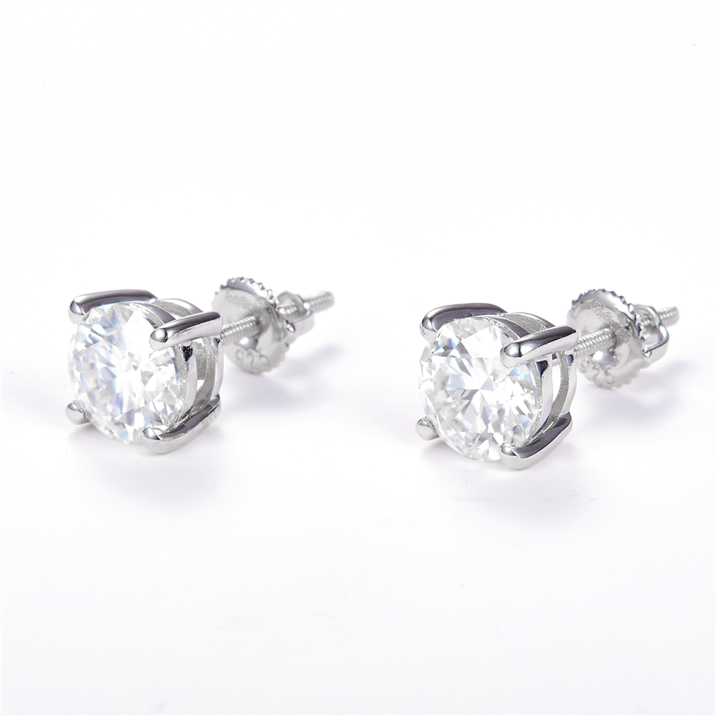 1.88 Ct. Moissanite Sterling Silver (White). Solitaire Studs Earrings. (Unisex).
