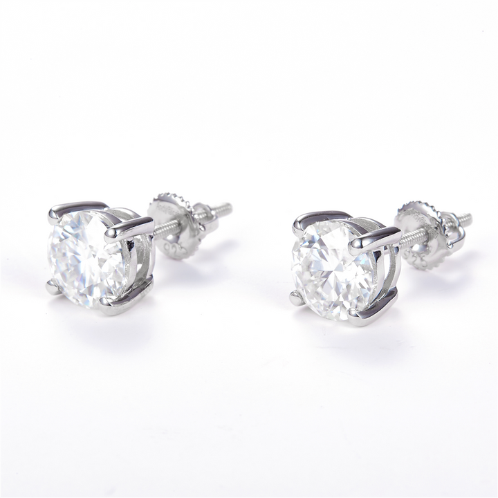 1.88 Ct. Moissanite Sterling Silver (White). Solitaire Studs Earrings. (Unisex).
