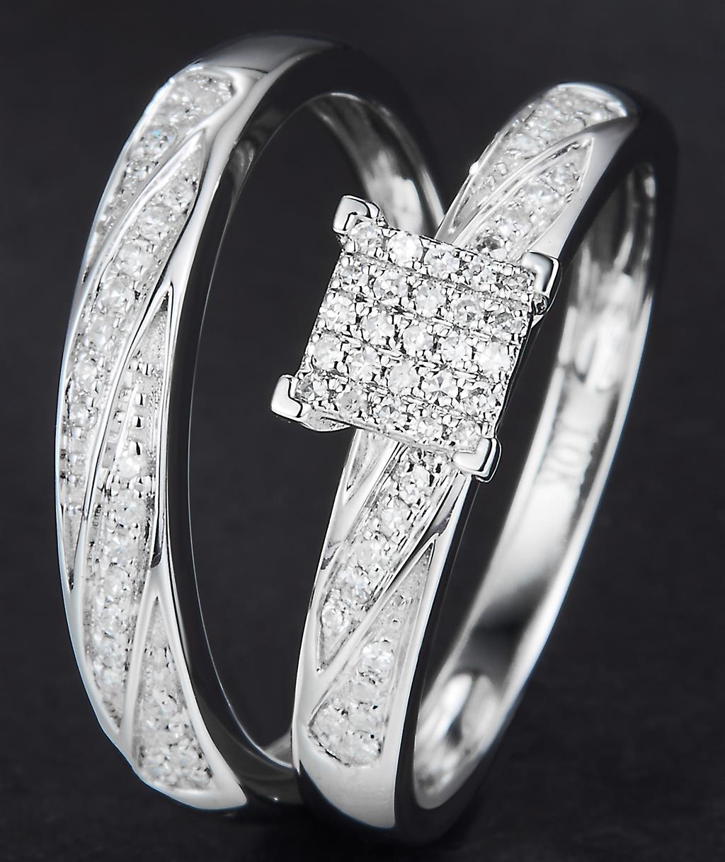 0.404 Ct. Diamond 10 Kt Gold (White). Trio Set (Mens Band Size 10, Women Engag & Band) Wedding Set. Size 7.5