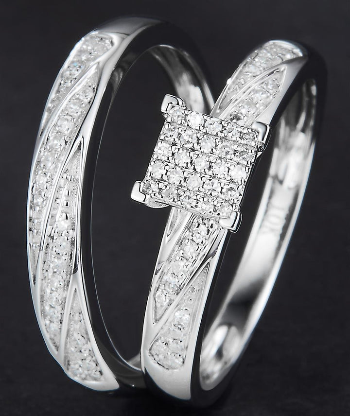0.404 Ct. Diamond 10 Kt Gold (White). Trio Set (Mens Band Size 10, Women Engag & Band) Wedding Set. Size 7.5