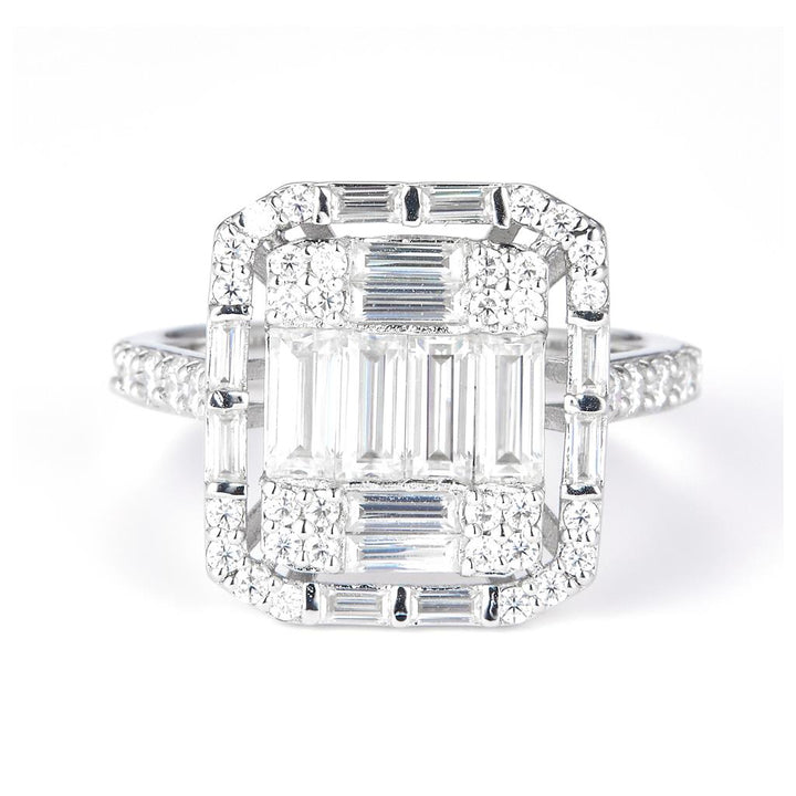 3.348 Ct. Moissanite Sterling Silver (White). with Baguettes Ring. (Women). Size 7.5