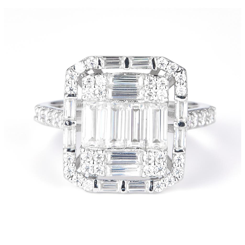 3.348 Ct. Moissanite Sterling Silver (White). with Baguettes Ring. (Women). Size 7.5