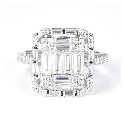 3.348 Ct. Moissanite Sterling Silver (White). with Baguettes Ring. (Women). Size 7.5