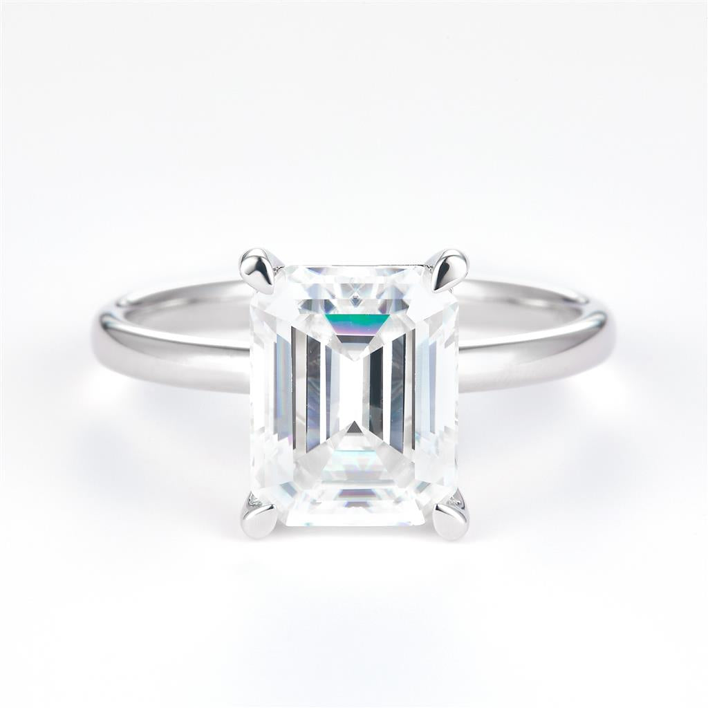 3.27 Ct. Moissanite Sterling Silver (White). Solitaire with Emerald Cut Center Stone Ring. (Women). Size 7.5
