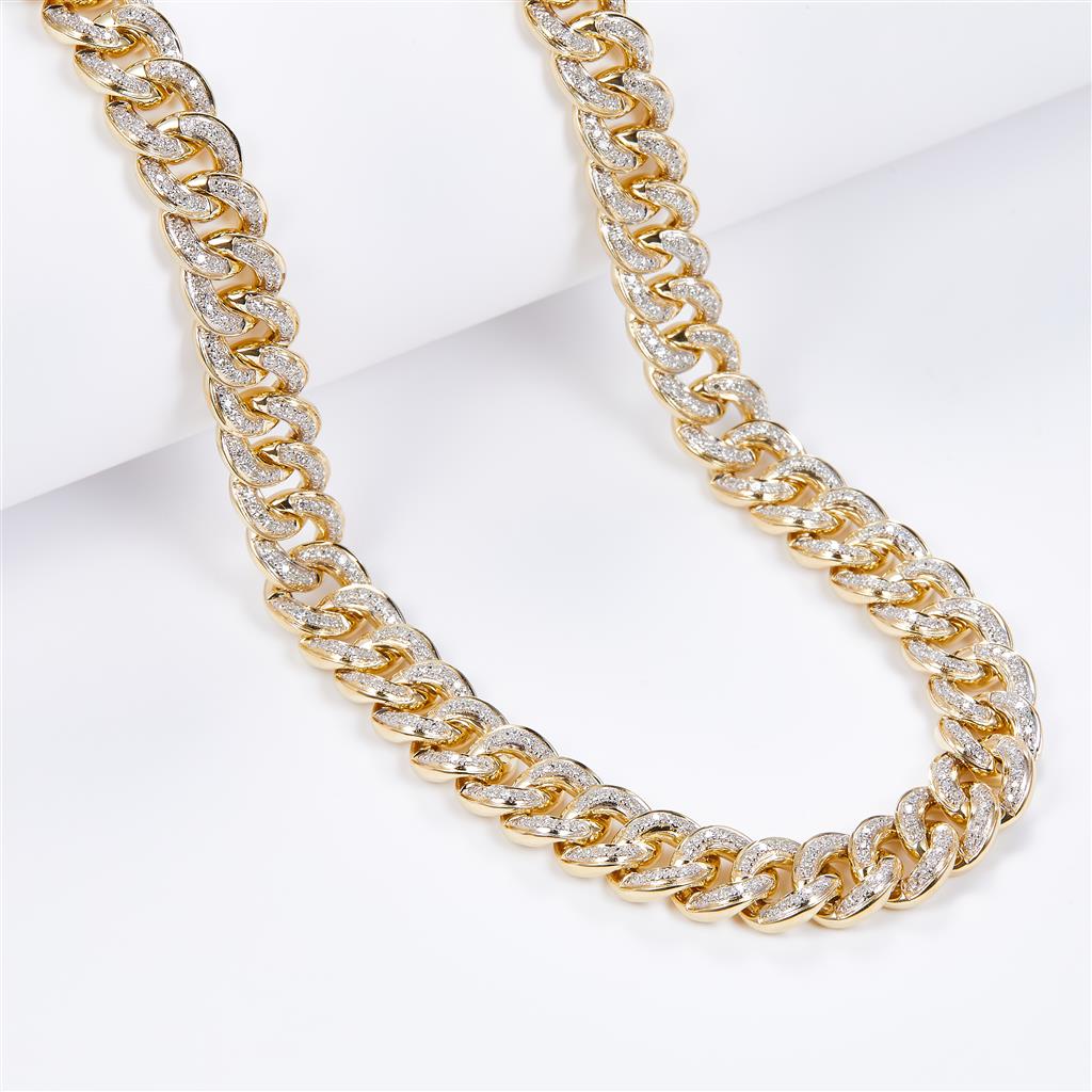 7.44 Ct. Diamond 10 Kt Gold (Yellow). Semi-Solid Cuban Link Chain. (Unisex). 24 in Long. 9.5 mm Wide