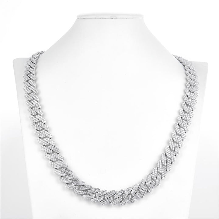 36.94 Ct. Moissanite Sterling Silver (White). Solid Square Cuban Chain. (Men). 22 in Long. 14 mm Wide