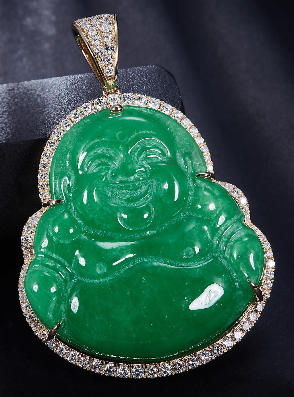 1.239 Ct. Diamond 10 Kt Gold (Yellow). Jade Buddha with 66.5ct of Jade Pendant. (Unisex).
