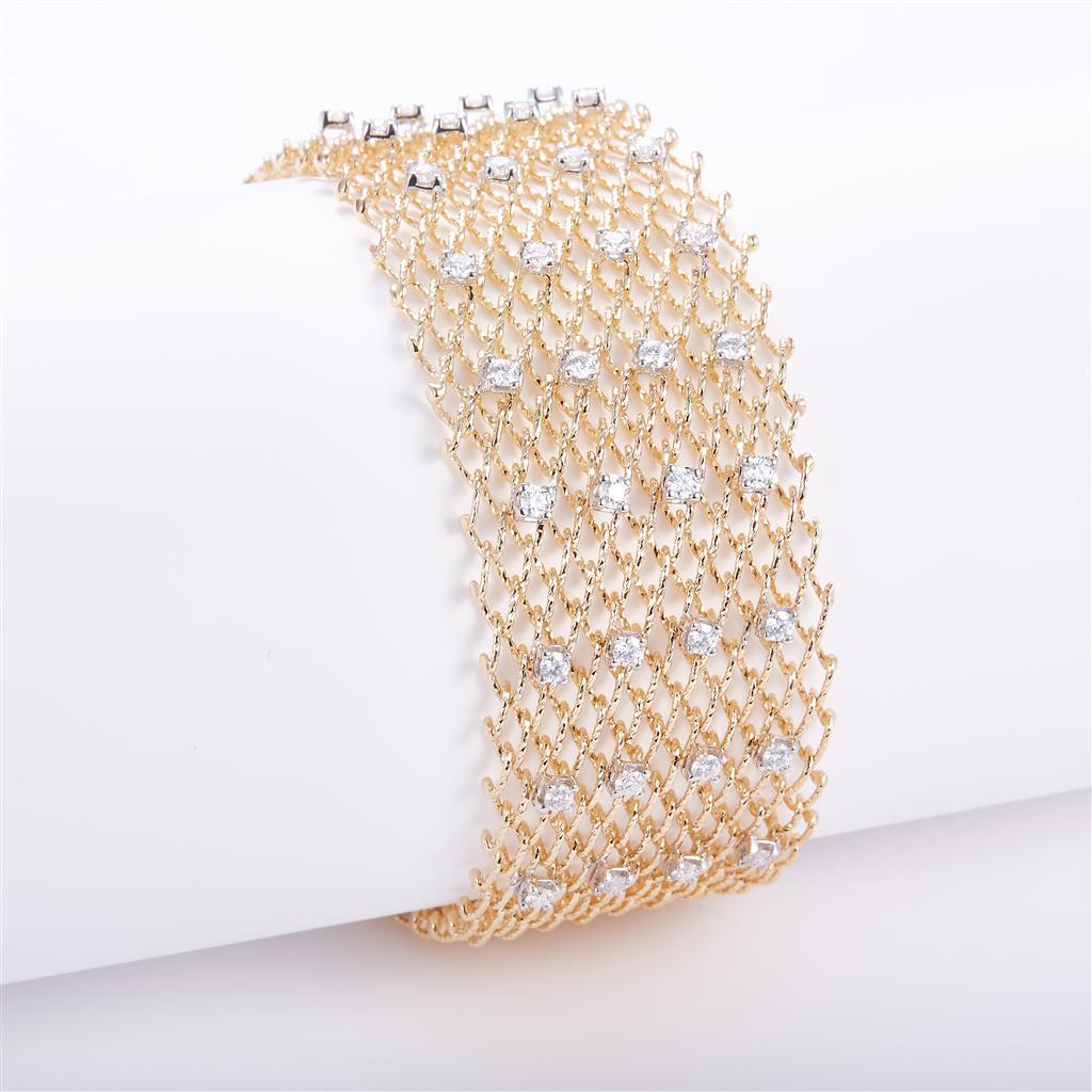 1.89 Ct. Moissanite 14 Kt Gold (Yellow). Designer Mesh Bracelet. (Women). 7 in Long. 26.8 mm Wide