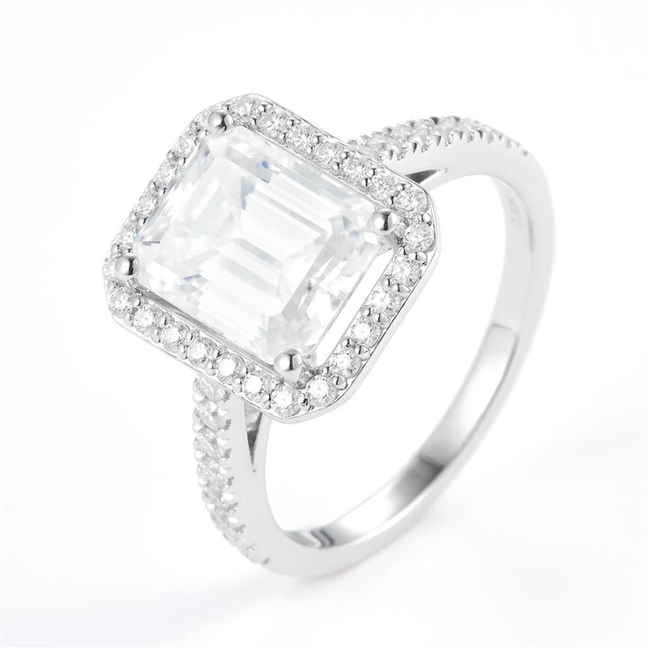 3.74 Ct. Moissanite Sterling Silver (White). Halo Design Solitaire with Emerald Cut Center Stone Ring. (Women). Size 7.5