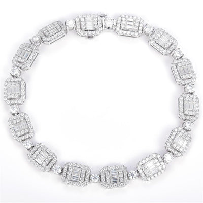 6.73 Ct. Moissanite. Sterling Silver (White). Designer with Baguettes Bracelet. (Unisex). 7.5 in Long. 8 mm Wide