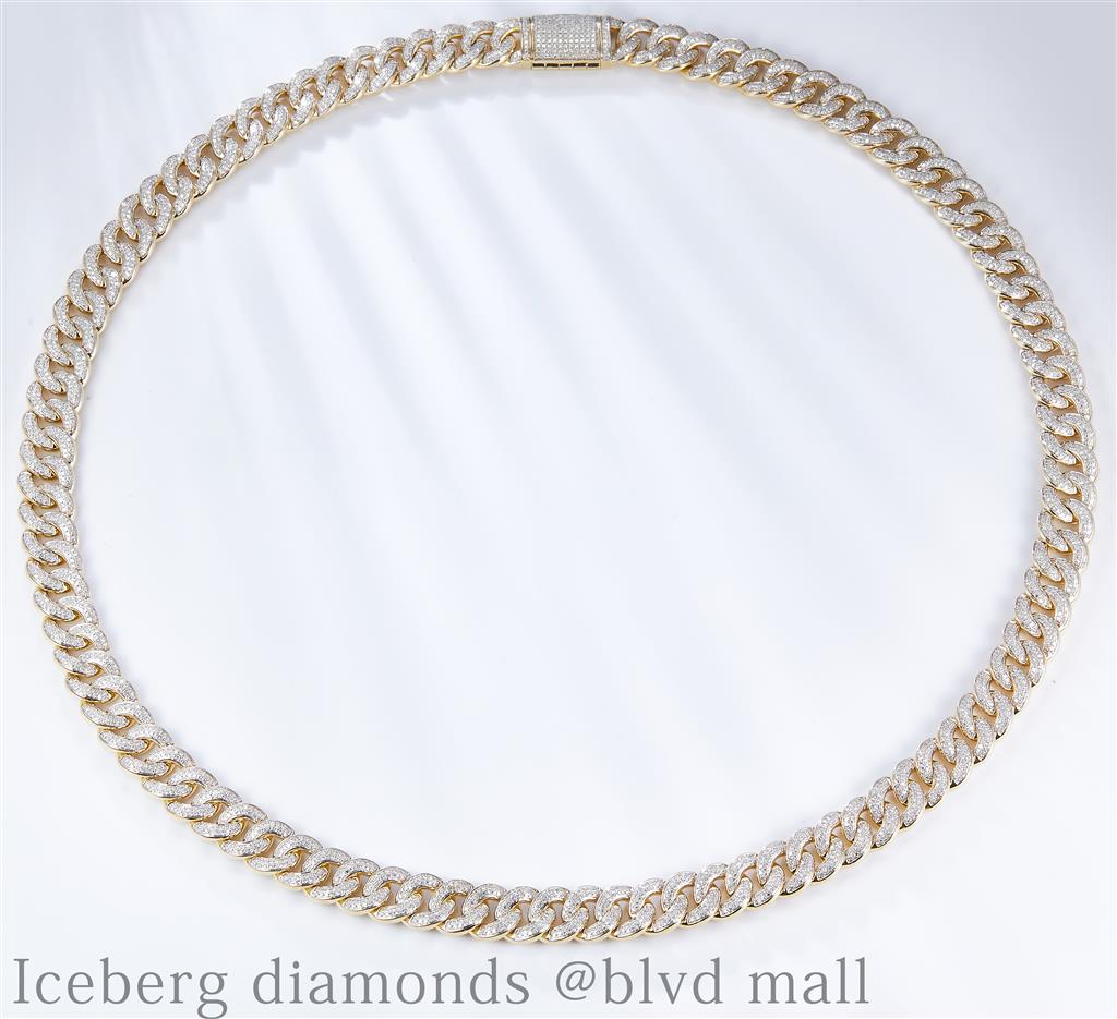 14.39 Ct. Diamond 10 Kt Gold (Yellow). Semi-Solid Cuban Link Chain. (Men). 22 in Long. 12.5 mm Wide
