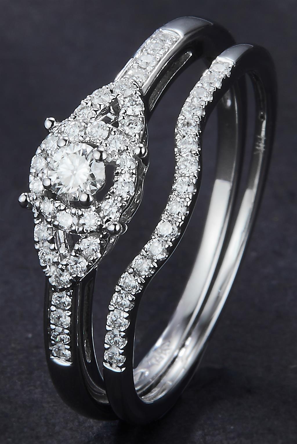 0.32 Ct. Diamond 14 Kt Gold (White). Womens Engagement + Wedding Band Wedding Set. Size 7.5