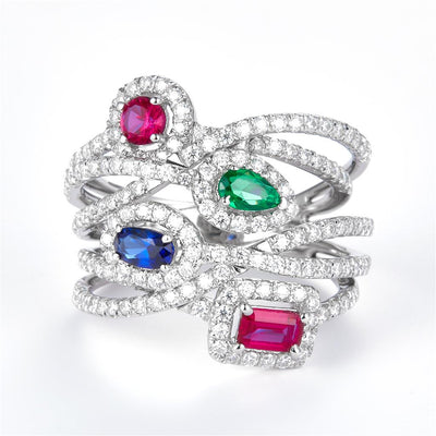 2.21 Ct. Moissanite Sterling Silver (White). Simulant Blue Sapphire, Emerald and Ruby Multi-Row Ring. (Women). Size 7.5